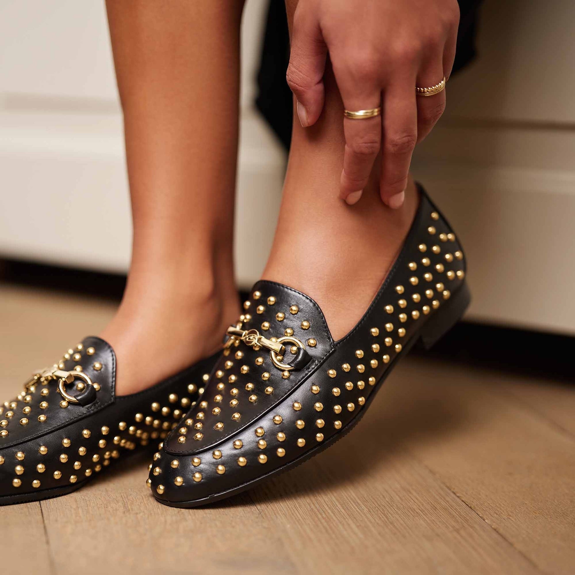 Vendôme Fleur black calfskin leather studded loafers -  - Isabel Bernard