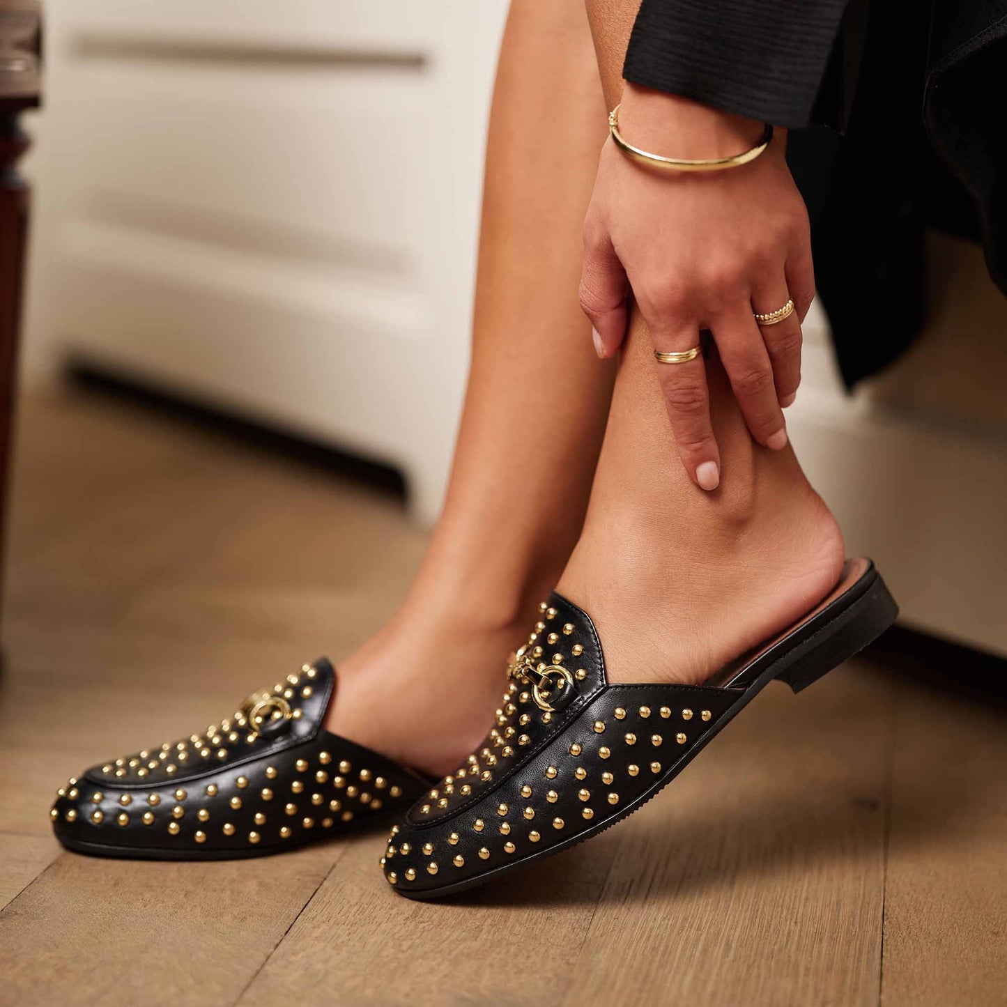 Vendôme Fleur black calfskin leather studded slipper loafers -  - Isabel Bernard