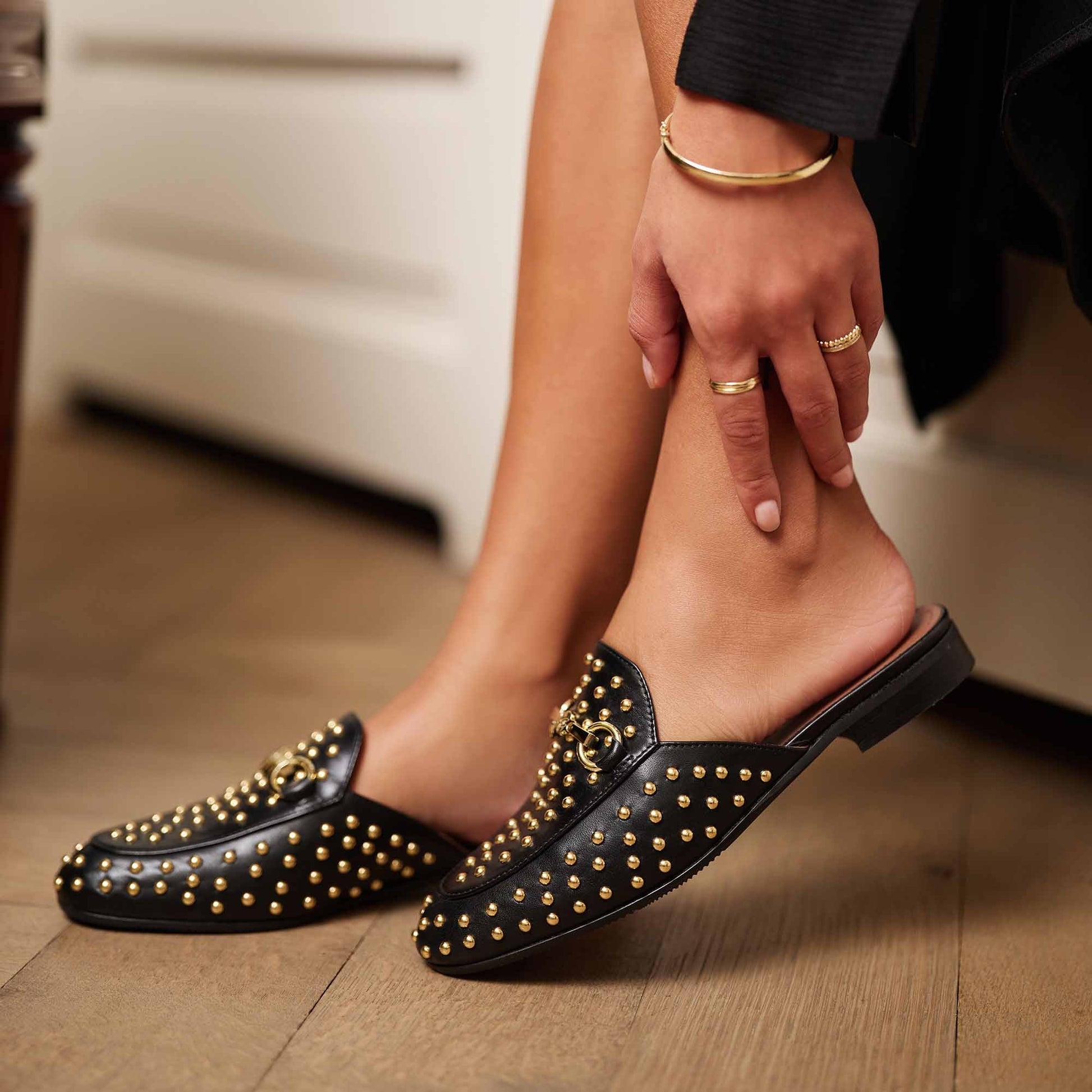 Vendôme Fleur black calfskin leather studded slipper loafers -  - Isabel Bernard