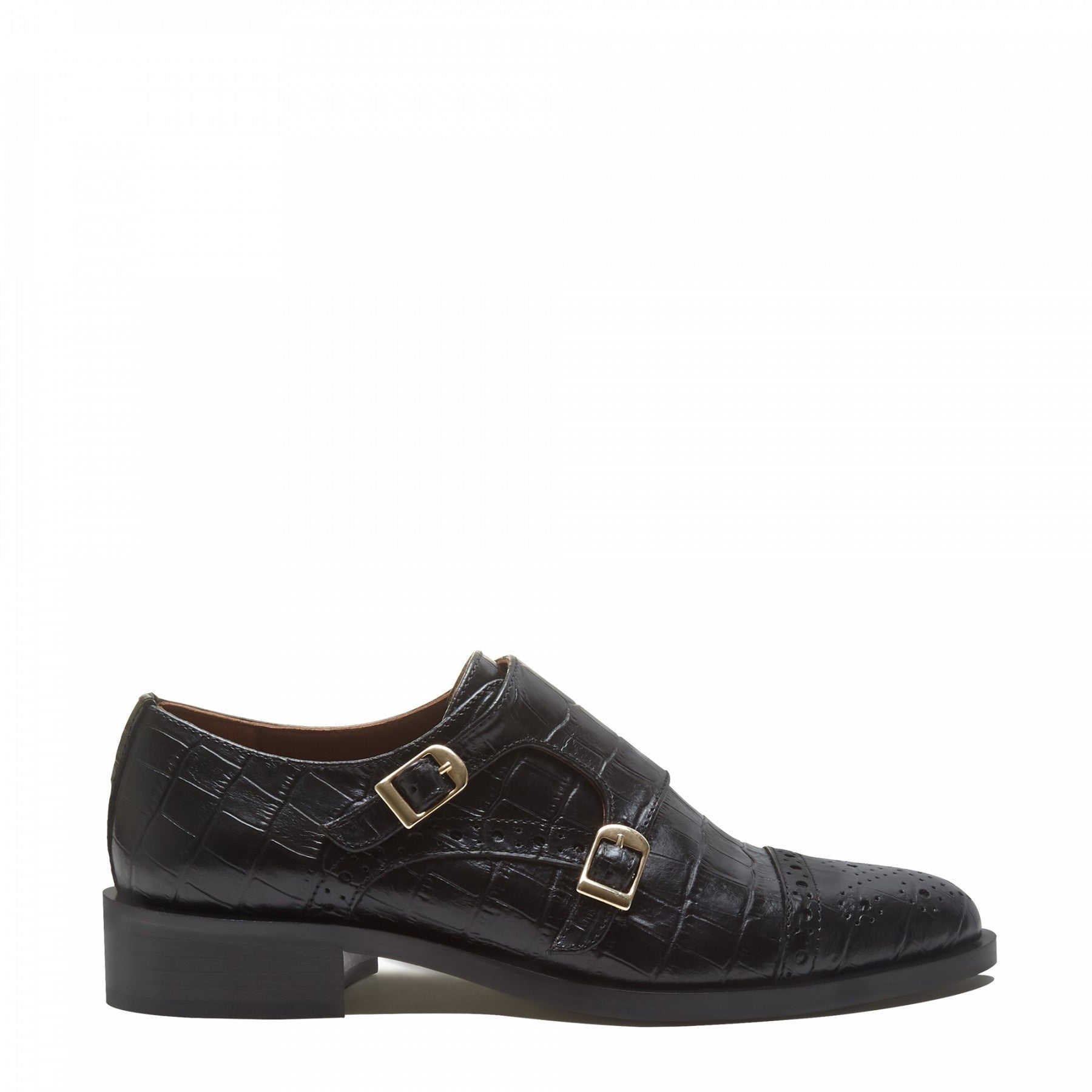 Vendôme Sophie croco black calfskin leather double monk shoes -  - Isabel Bernard