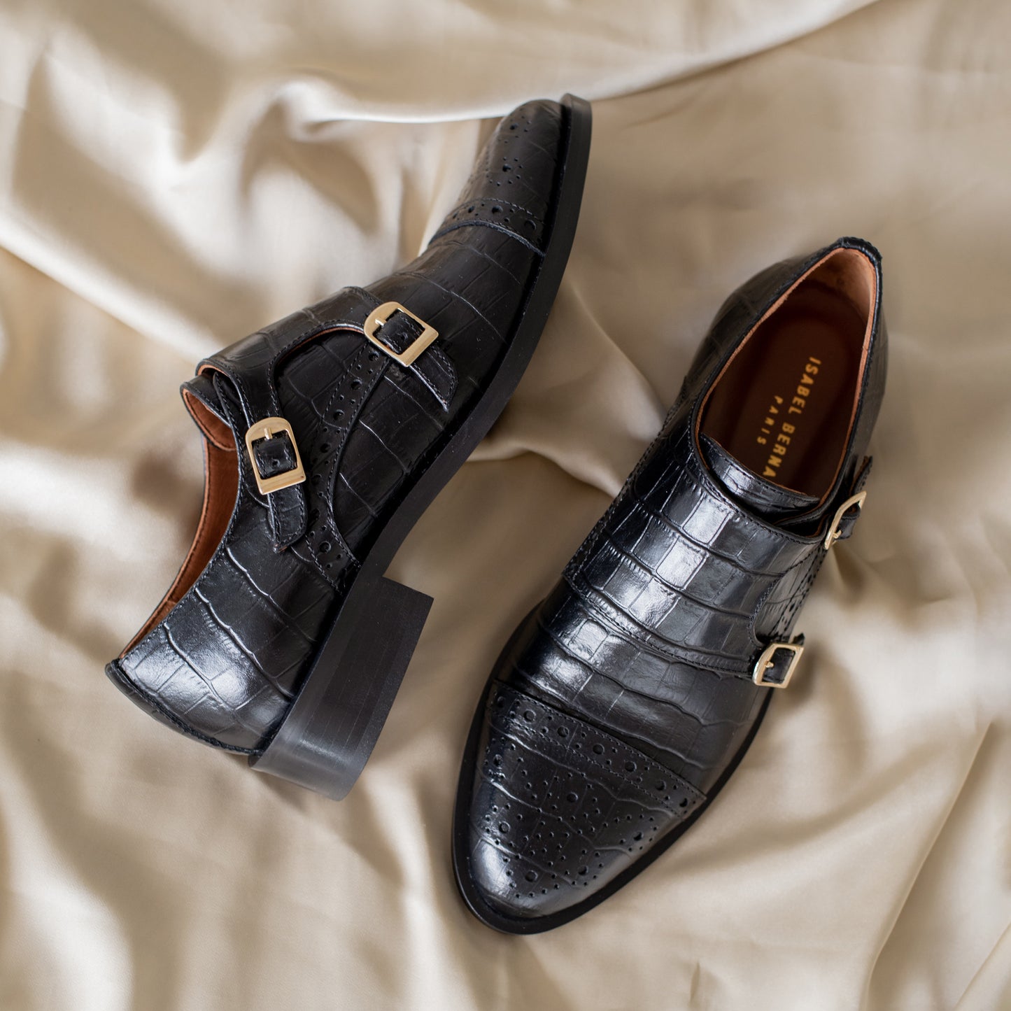 Vendôme Sophie croco black calfskin leather double monk shoes -  - Isabel Bernard