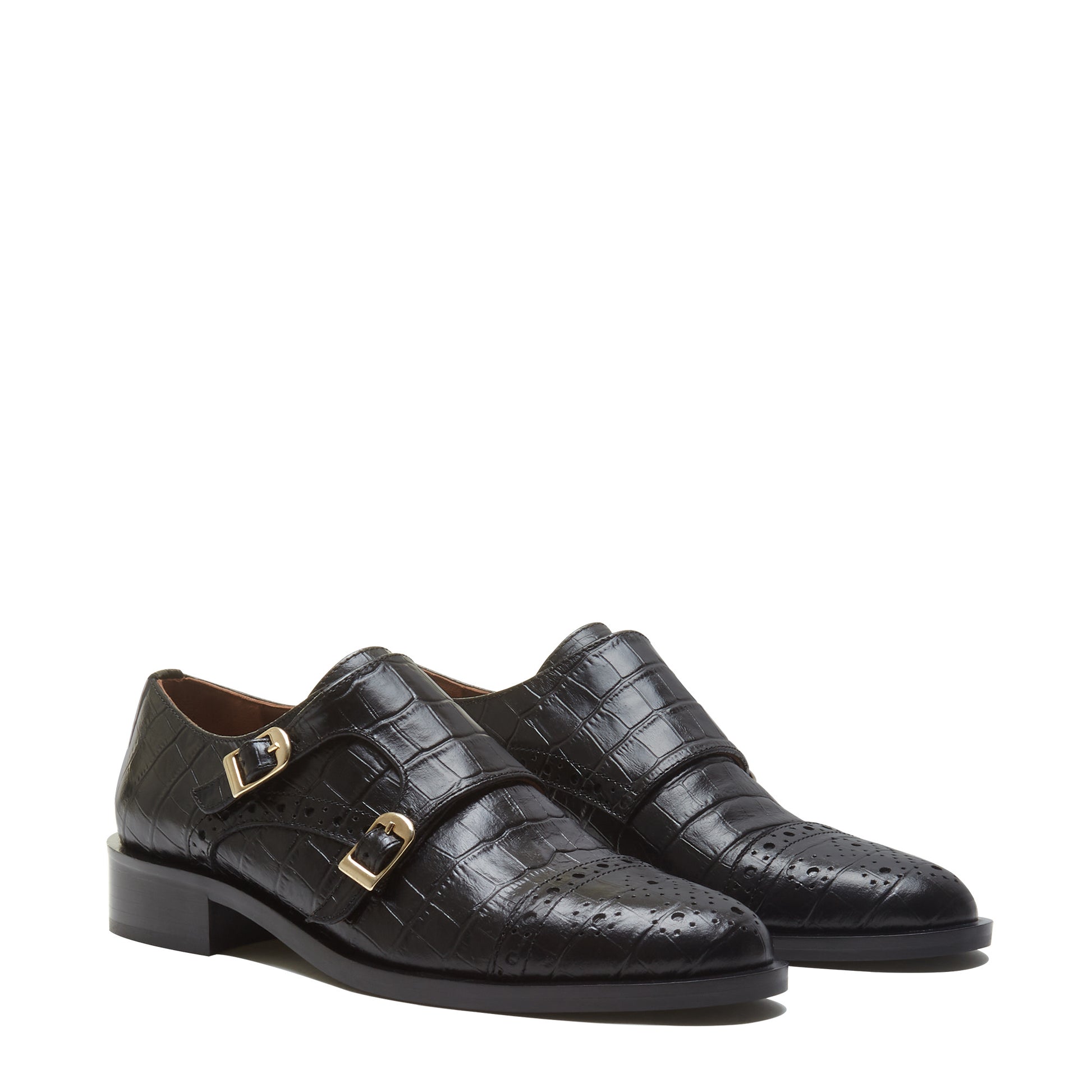 Vendôme Sophie croco black calfskin leather double monk shoes -  - Isabel Bernard