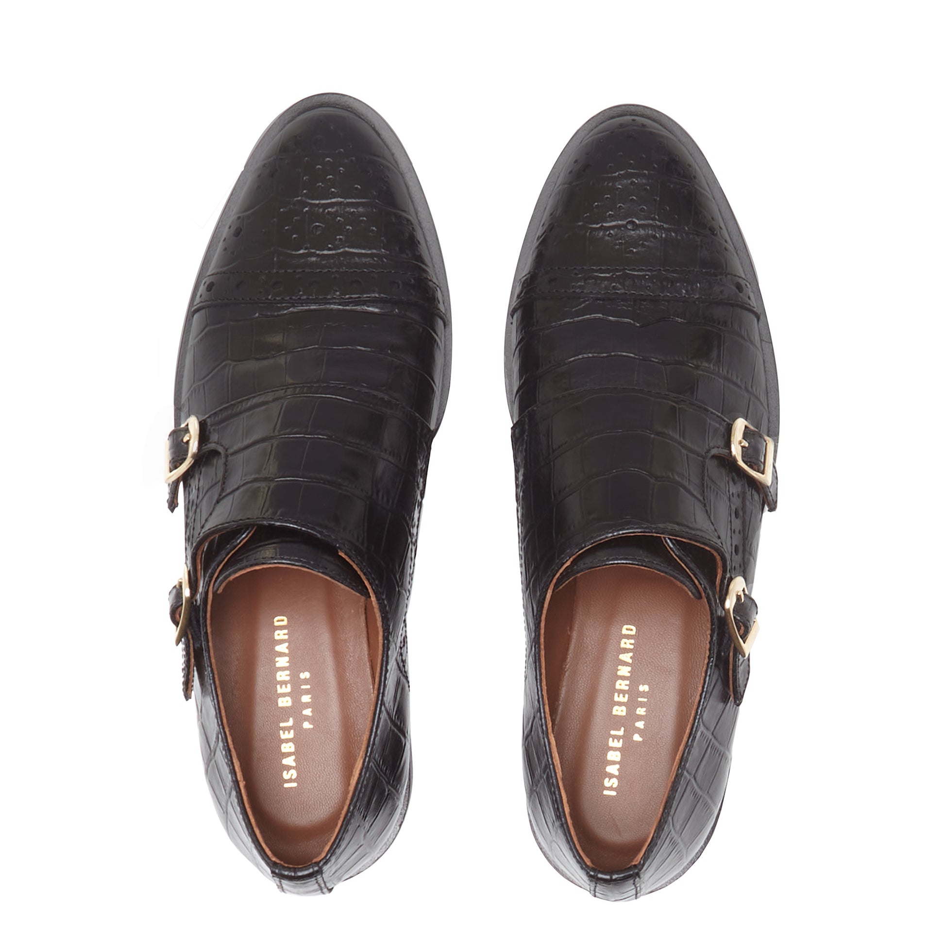 Vendôme Sophie croco black calfskin leather double monk shoes -  - Isabel Bernard