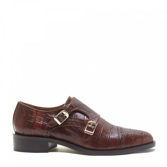 Vendôme Sophie croco brown calfskin leather double monk shoes -  - Isabel Bernard