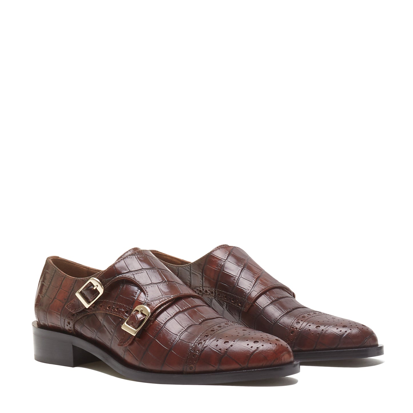 Vendôme Sophie croco brown calfskin leather double monk shoes -  - Isabel Bernard