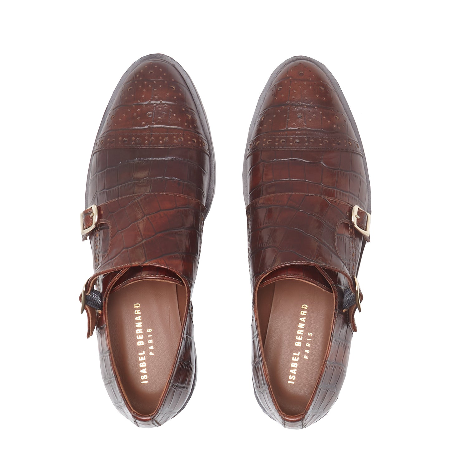 Vendôme Sophie croco brown calfskin leather double monk shoes -  - Isabel Bernard