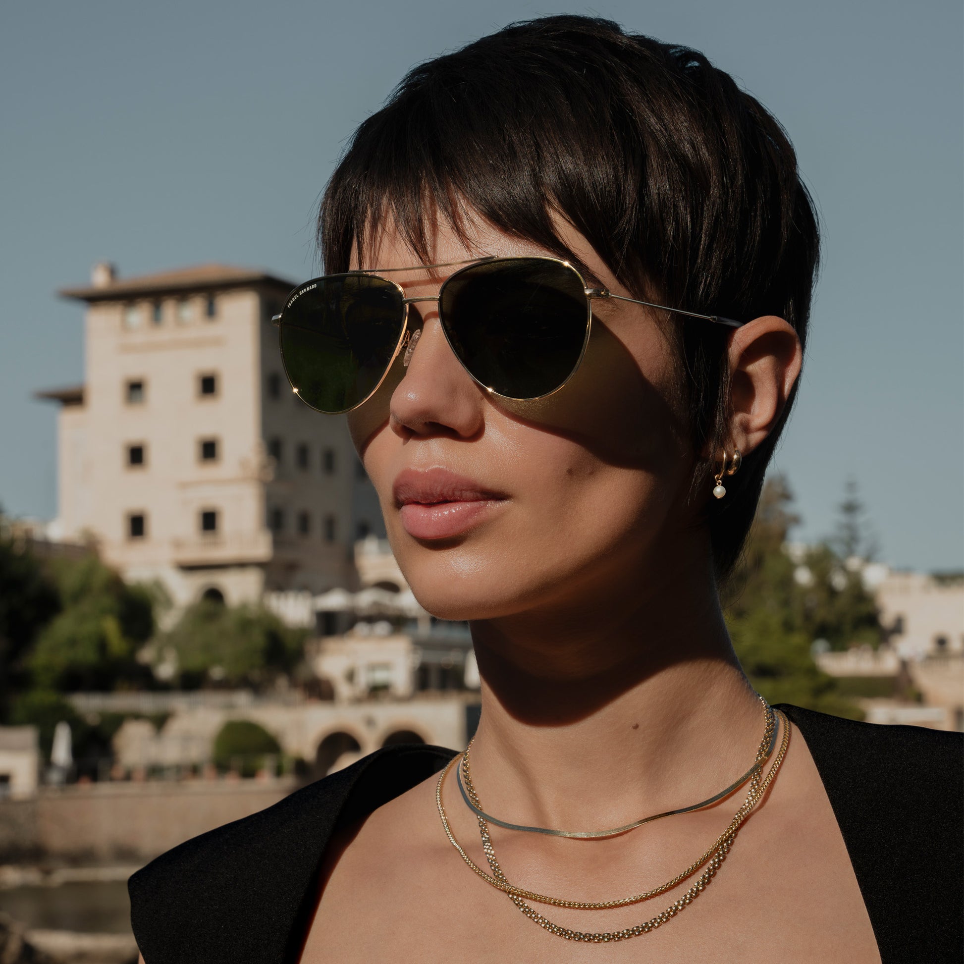 La Villette Remi gold coloured aviator sunglasses with green lenses -  - Isabel Bernard